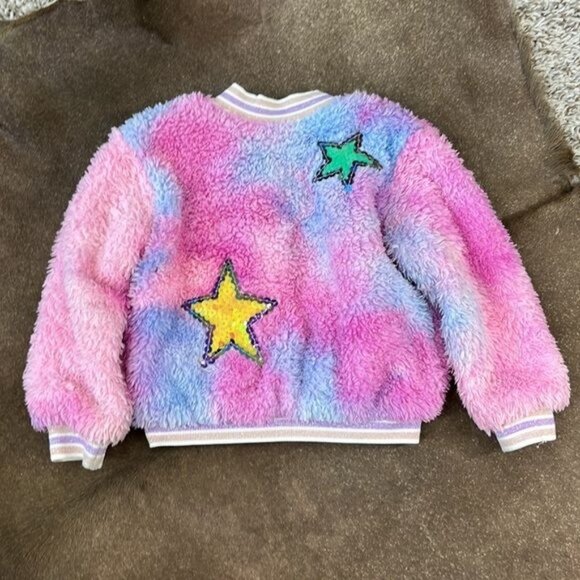 Baby Sara Multi Pink Tie Dye Faux Fur Bomber Jacket w/Star Trim Detail - Picture 6 of 10